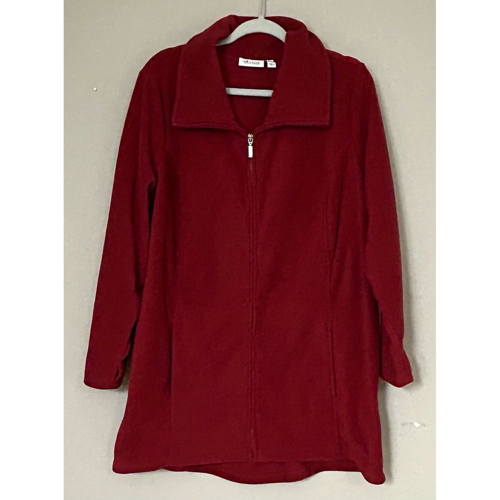 Denim & Co Fleece Jacket Womens 1X Burgundy Red Full Zip Long Sleeve